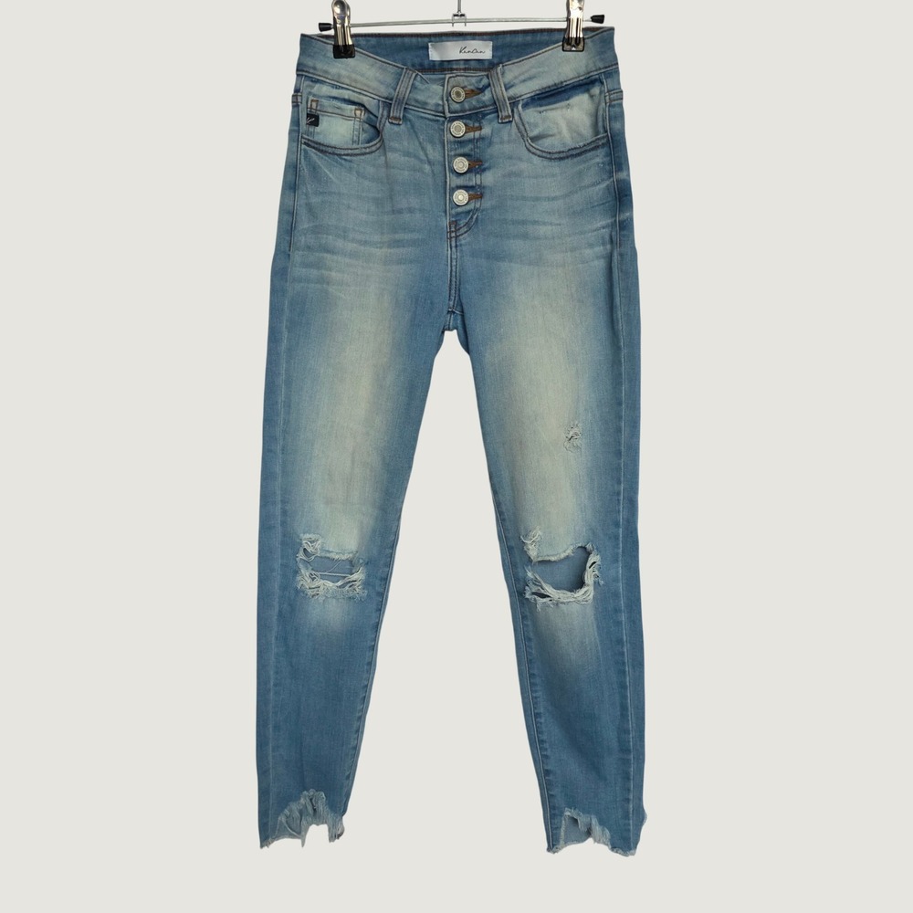 KanCan Skinny Jeans Women 25 Light Wash Excellent Distressed Button Fly Step Hem